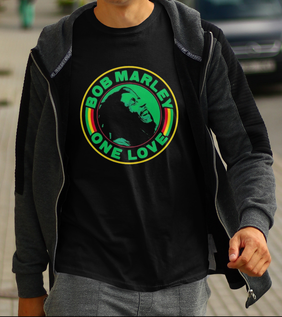 Bob Marley One Love Iconic Circle Emblem With Green And Red Highlights T-Shirt