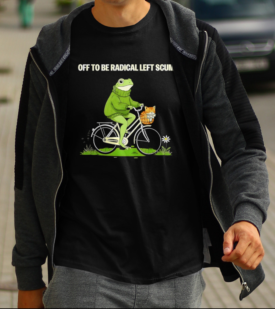 OFF TO BE RADICAL LEFT SCUM Frog Riding Bicycle With Cat In Basket T-Shirt