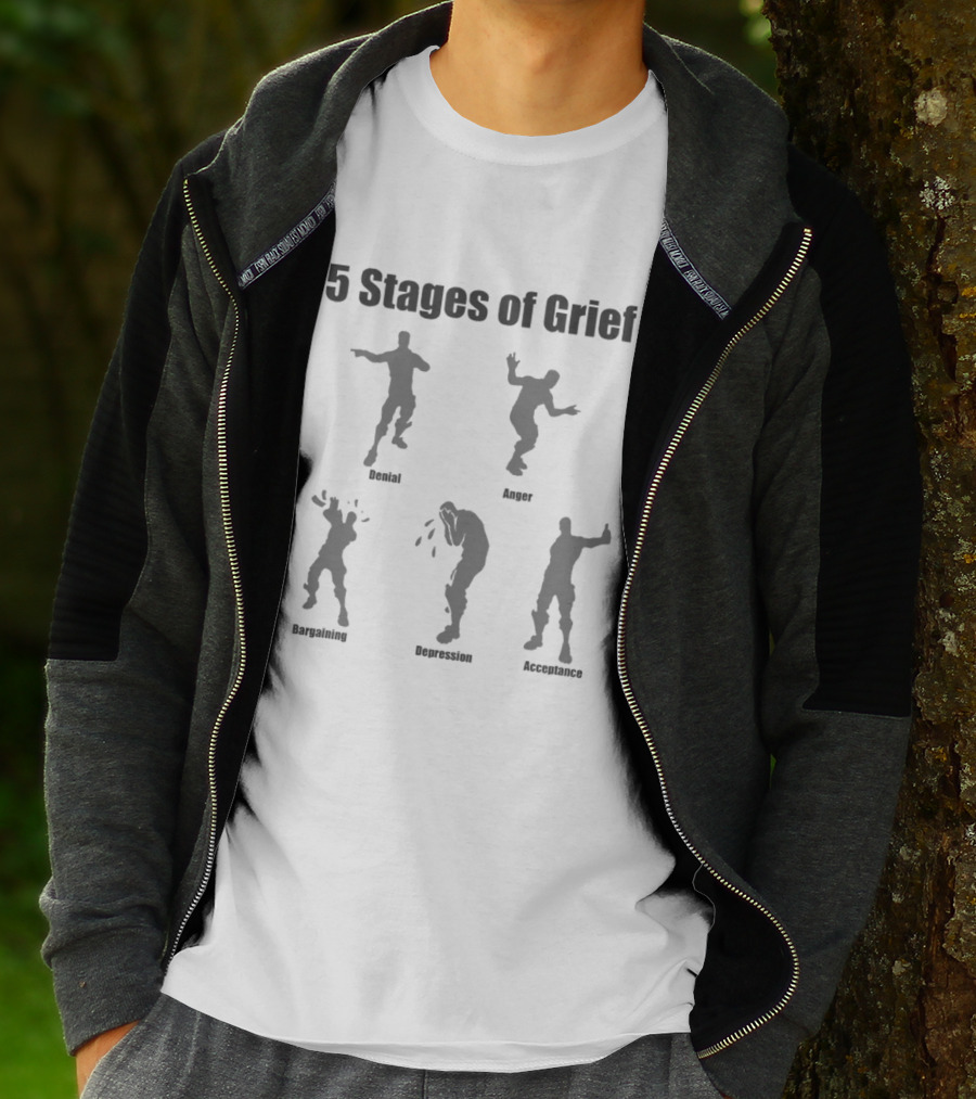 5 Stages Of Grief Denial Anger Bargaining Depression Acceptance Fortnite Dance Moves T-Shirt