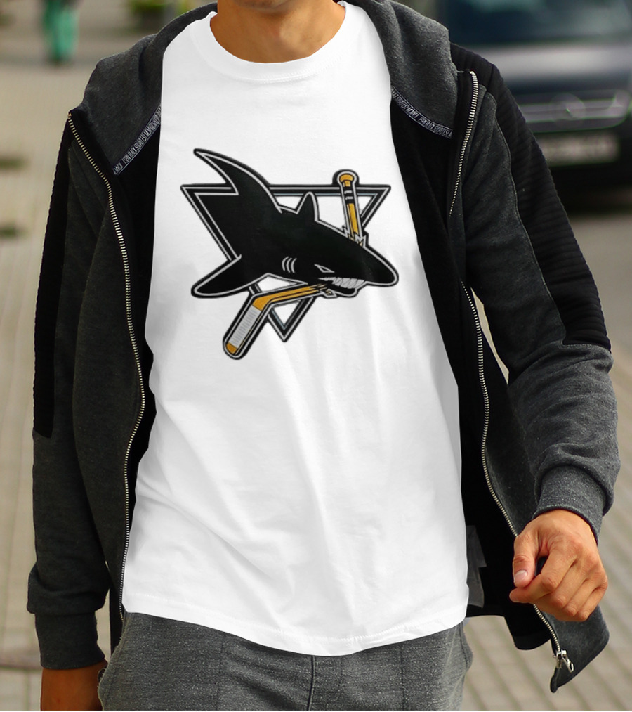 San Jose Sharks Biting Hockey Stick Triangle Sports T-Shirt