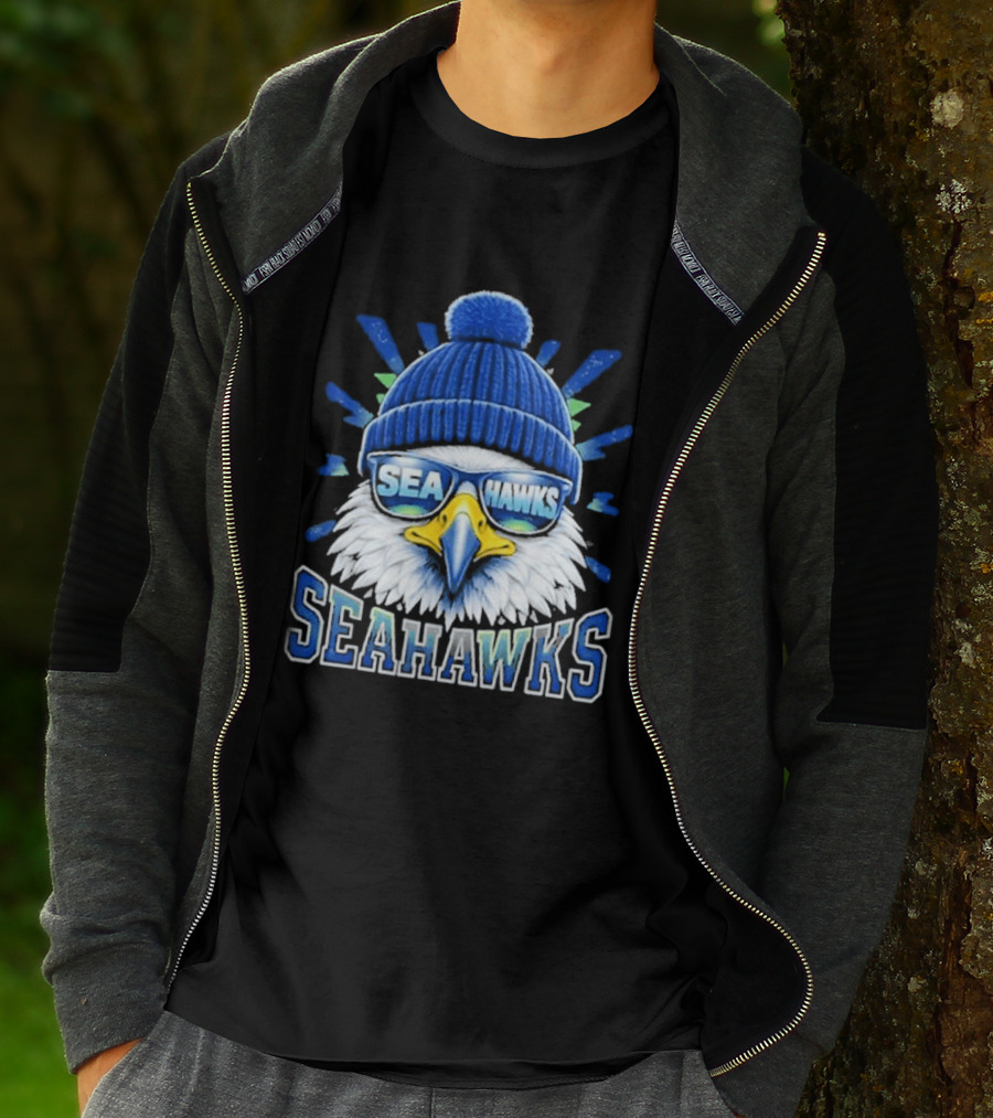 Seahawks Eagle Face With Sunglasses And Winter Hat T-Shirt