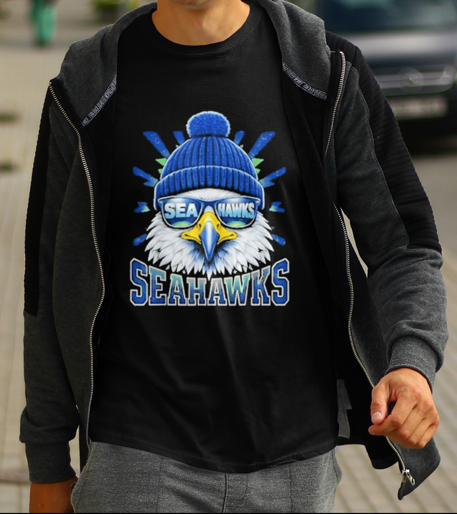 Seahawks Eagle Face With Sunglasses And Winter Hat T-Shirt