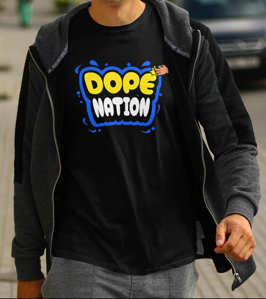 Dope Nation Bubble Letters With Yellow Hand And Blue T-Shirt