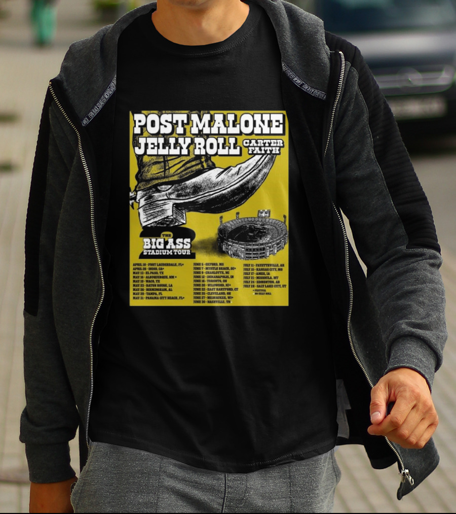 Post Malone Jelly Roll Carter Faith Big Ass Stadium Tour 2026 Limited Edition Dates And Venues T-Shirt