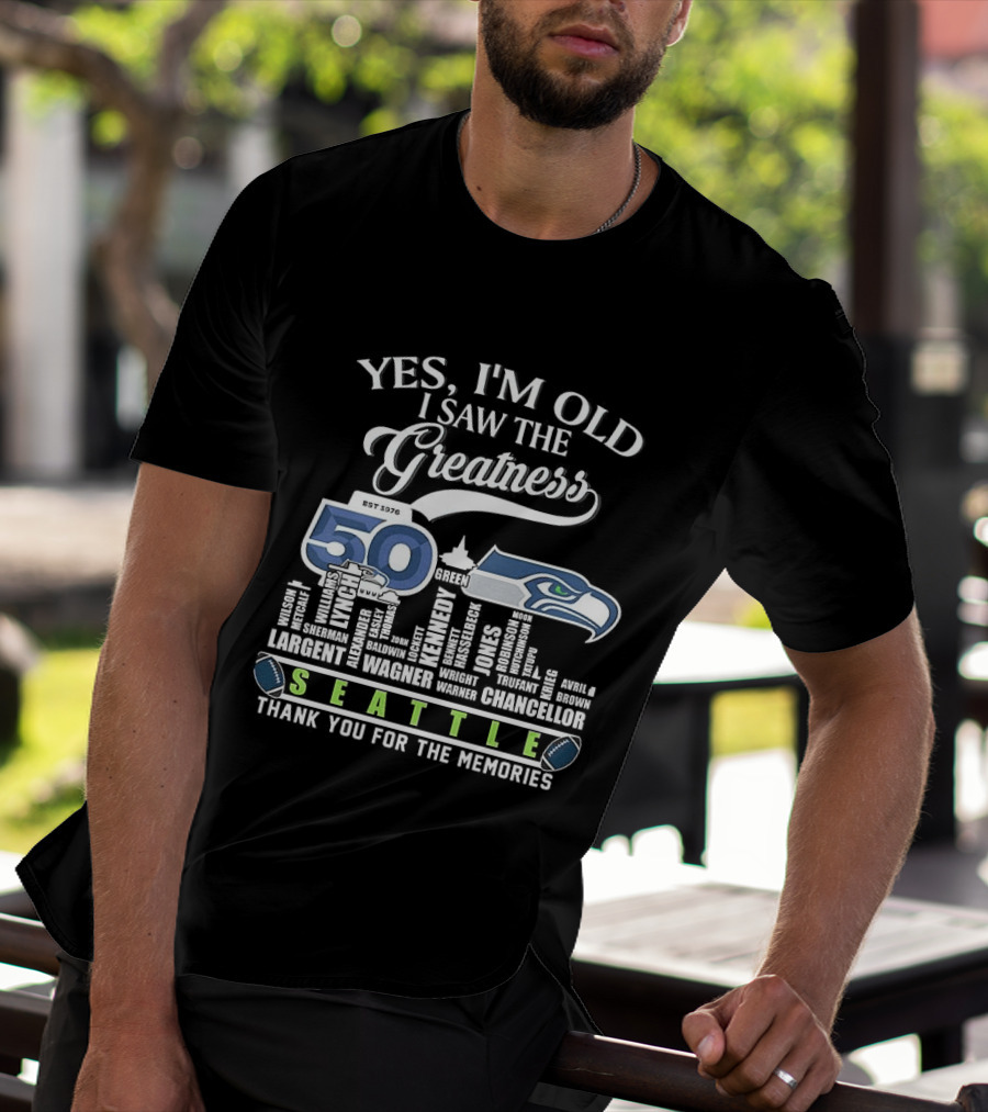 Seattle Seahawks 50th Anniversary Yes I'm Old I Saw The Greatness Skyline Thank You For The Memories T-Shirt