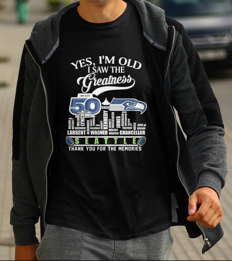Seattle Seahawks 50th Anniversary Yes I'm Old I Saw The Greatness Skyline Thank You For The Memories T-Shirt