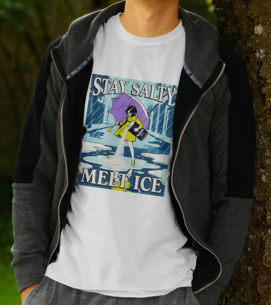 Morton Salt Stay Salty Melt ICE Umbrella Girl Retro Rain Scene T-Shirt