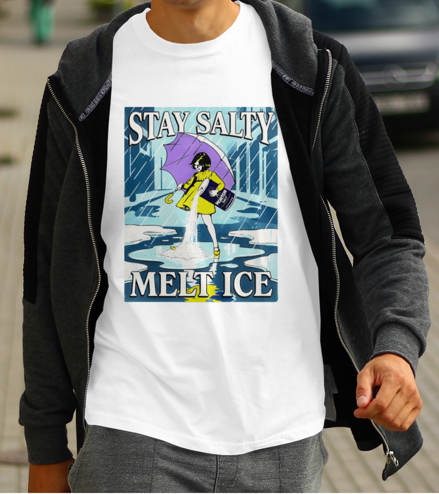 Morton Salt Stay Salty Melt ICE Umbrella Girl Retro Rain Scene T-Shirt