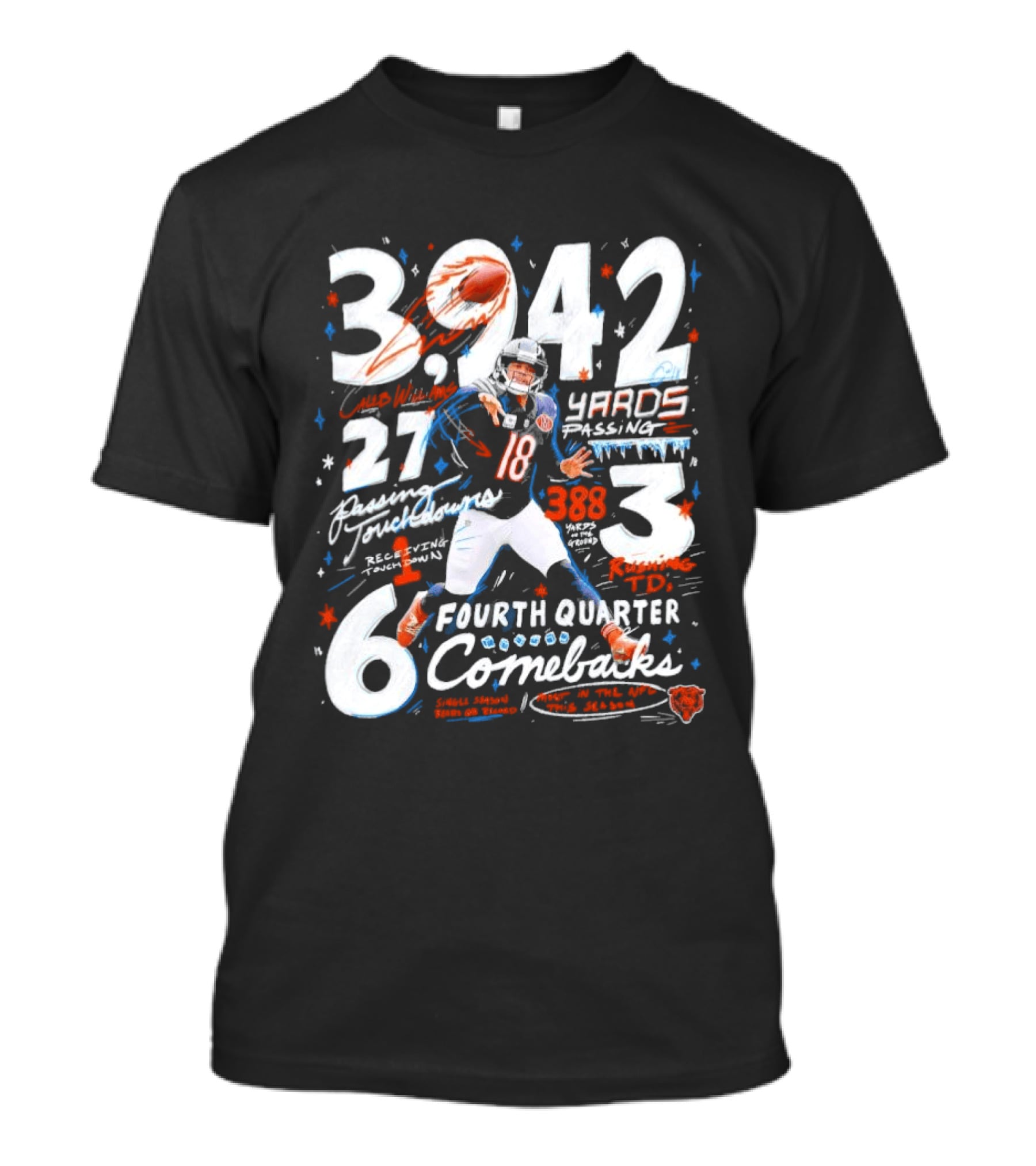 Caleb Williams Chicago Bears 2026 3,242 Yards Passing 27 Touchdowns 6 Fourth Quarter Comebacks 3 Wins T-Shirt