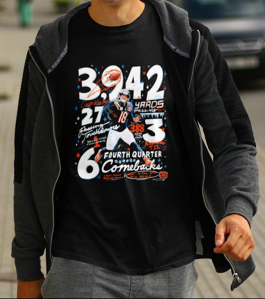 Caleb Williams Chicago Bears 2026 3,242 Yards Passing 27 Touchdowns 6 Fourth Quarter Comebacks 3 Wins T-Shirt