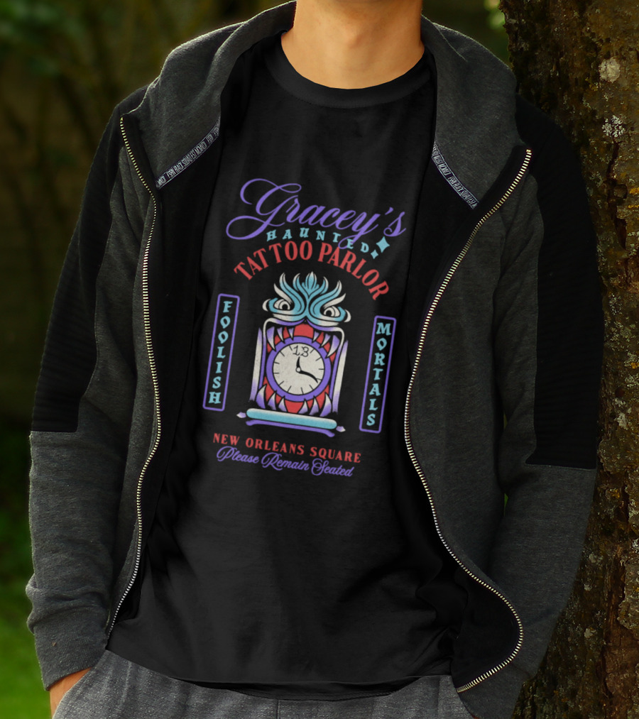 Gracey's Haunted Tattoo Parlor Foolish Mortals New Orleans Square Please Remain Seated T-Shirt