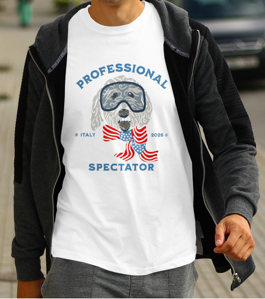 Professional Spectator Italy 2026 Winter Games Dog With Goggles And Scarf T-Shirt