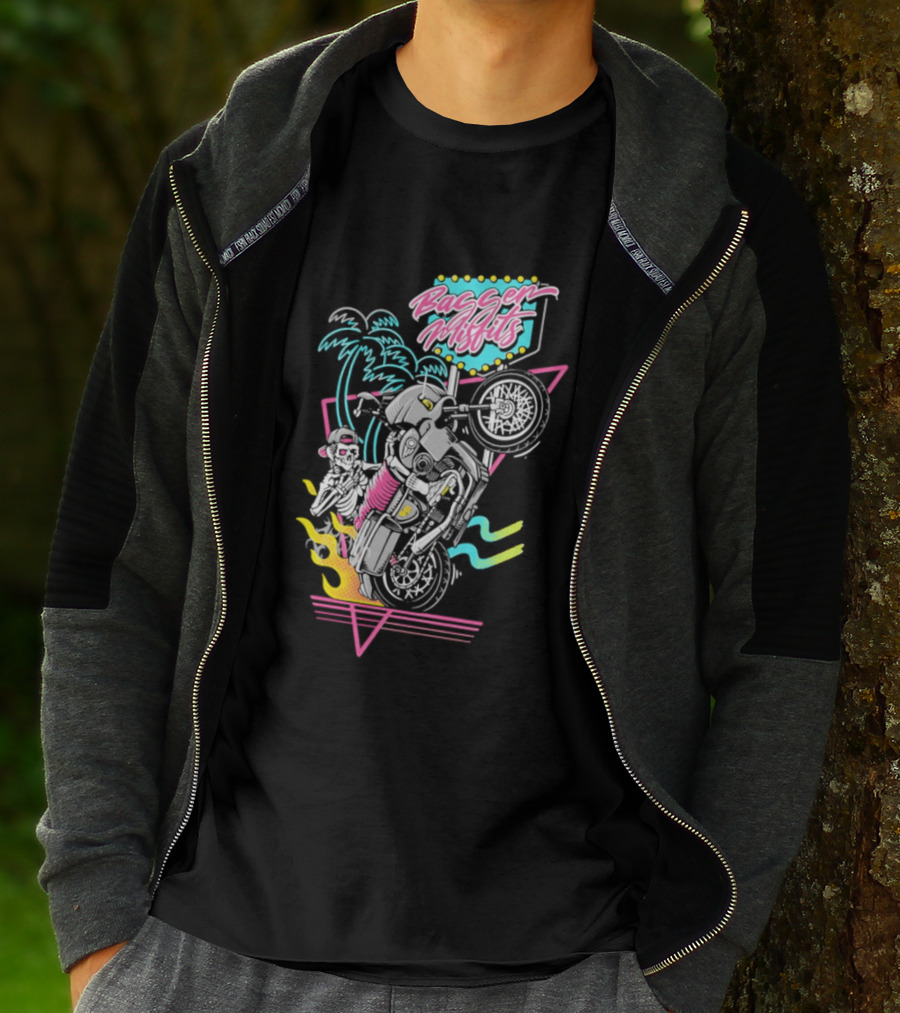 Bagger Misfits Skeleton Motorcycle Wheelie Neon 80s Palm Trees T-Shirt