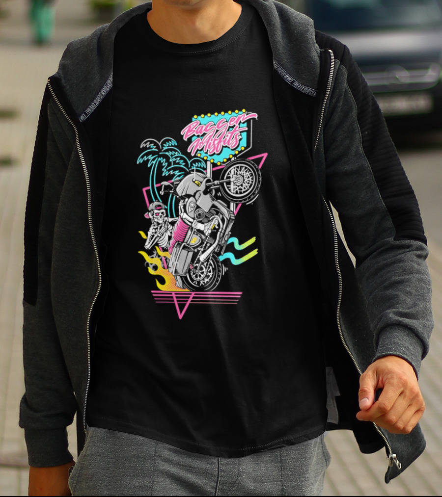Bagger Misfits Skeleton Motorcycle Wheelie Neon 80s Palm Trees T-Shirt