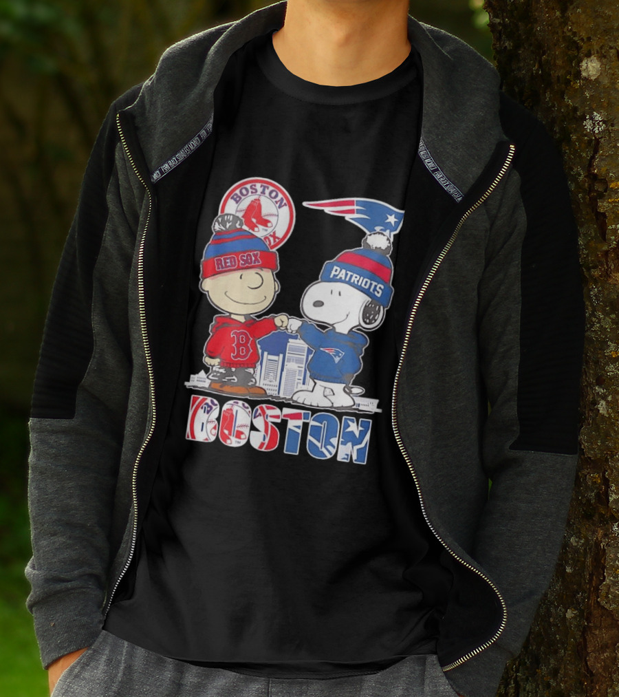 Boston Red Sox And New England Patriots Charlie Brown Snoopy Skyline T-Shirt