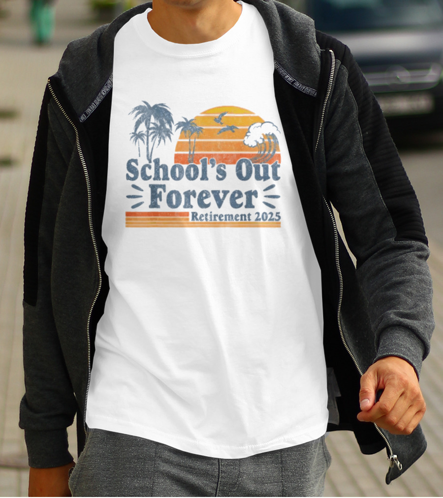 School'S Out Forever Retirement 2025 Tropical Sunset Vintage Palm Trees Birds Waves T-Shirt
