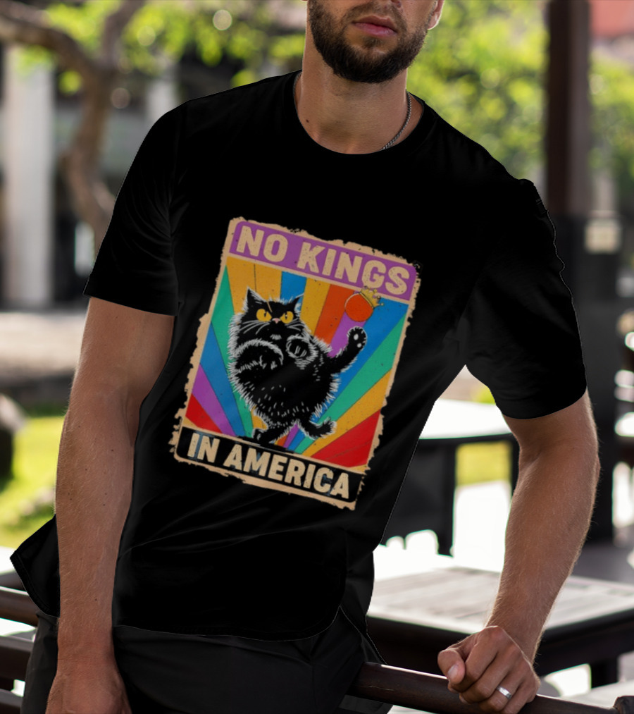 No Kings In America Black Cat Anti Trump Rainbow Kingslayer T-Shirt