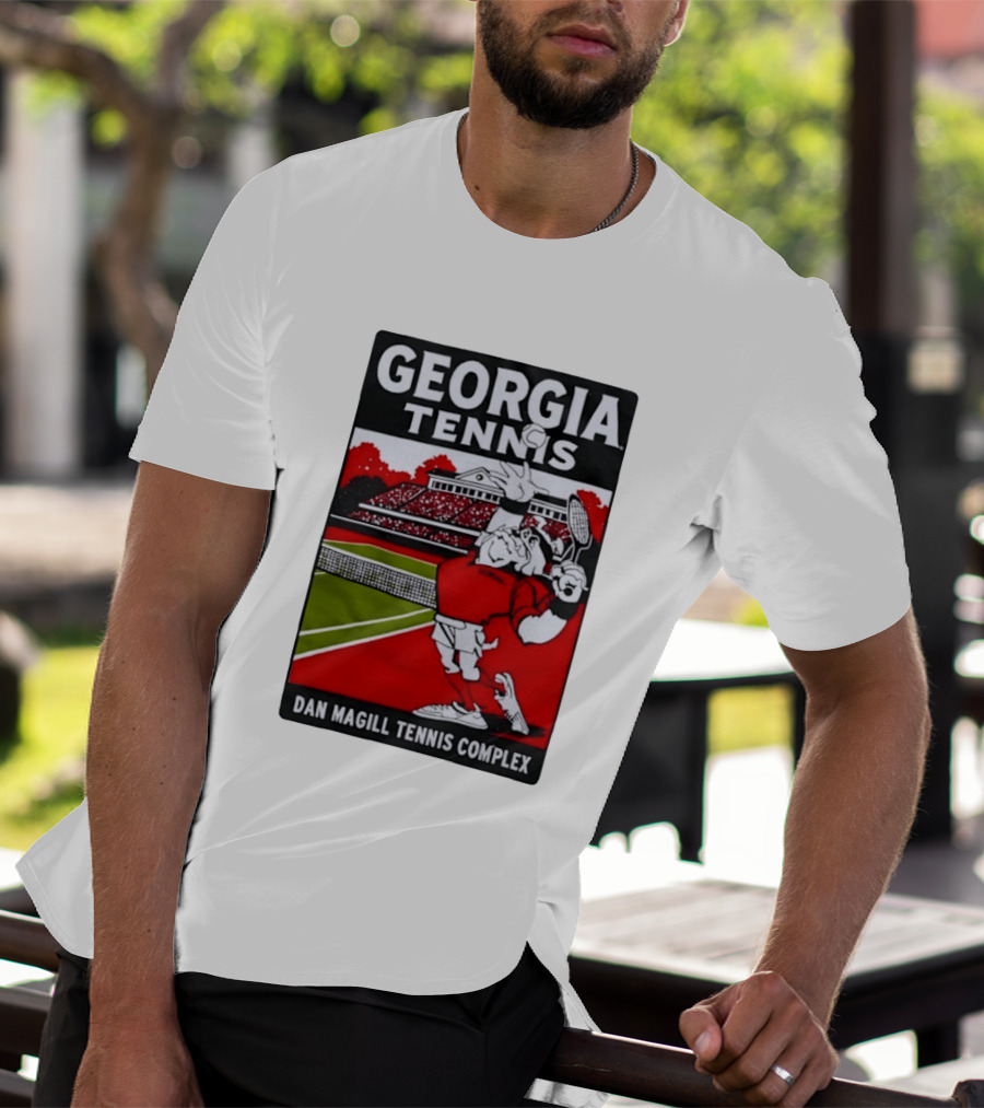 Georgia Tennis Dan Magill Tennis Complex Cartoon Character Court Scene T-Shirt