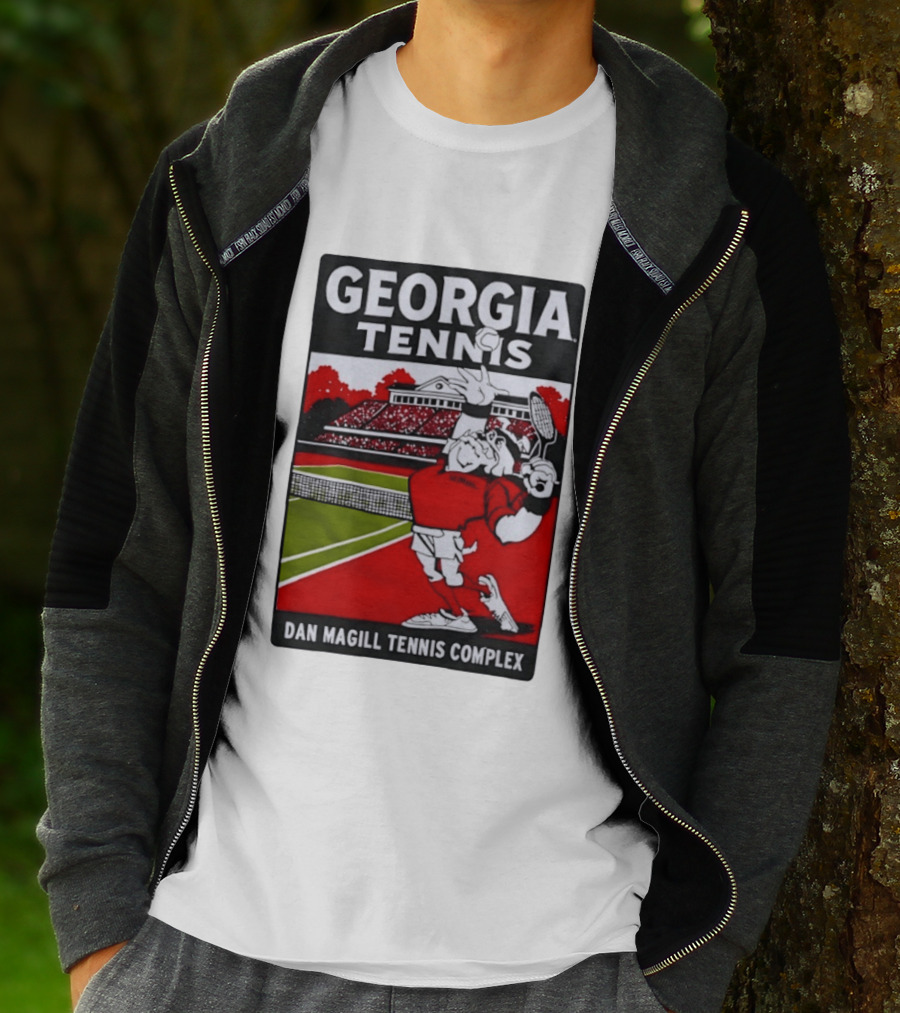 Georgia Tennis Dan Magill Tennis Complex Cartoon Character Court Scene T-Shirt