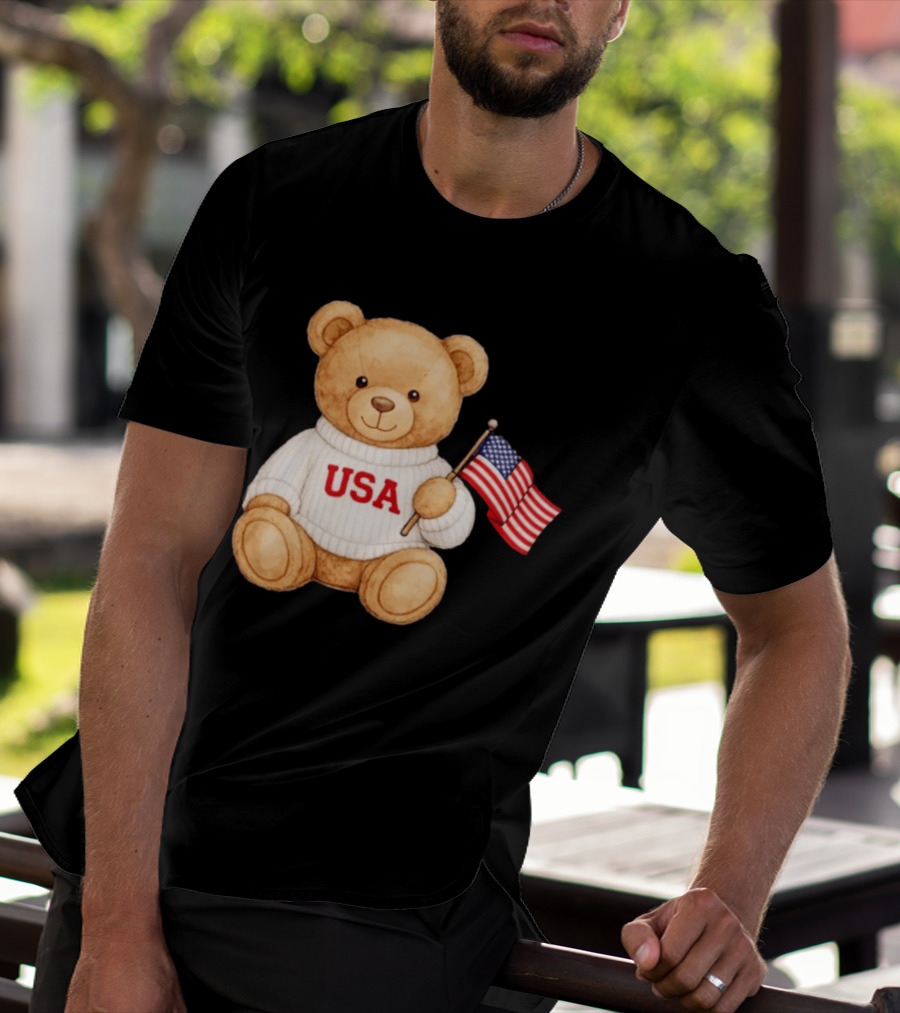 USA Teddy Bear Holding American Flag T-Shirt