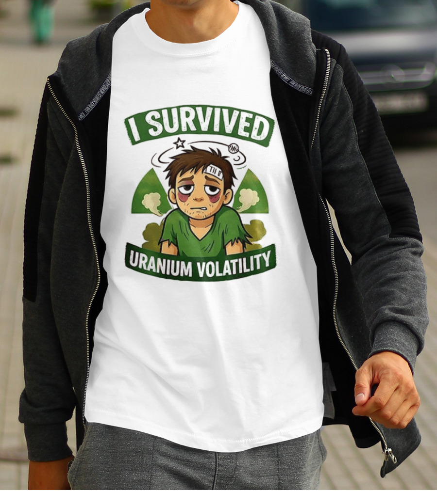 I Survived Uranium Volatility Exhausted Cartoon Character Wearing Torn Green T-Shirt