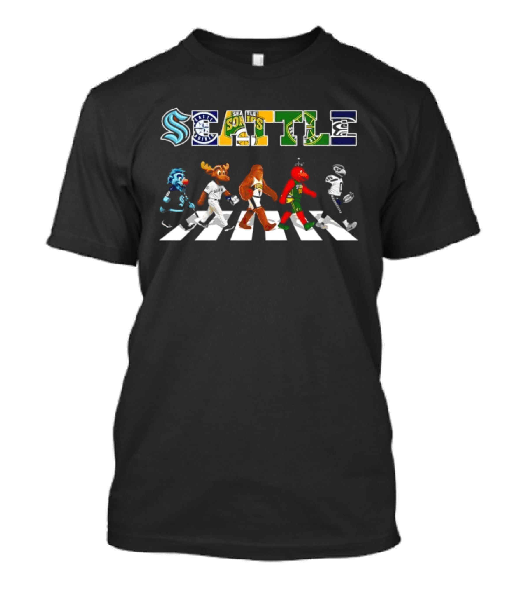 Seattle Sports Teams Blitz Mariner Moose Squatch Boomer Rhino Mascots T-Shirt