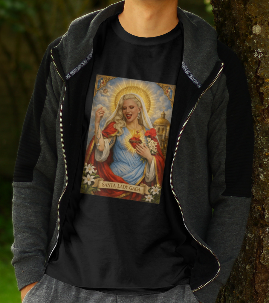 Santa Lady Gaga Sacred Heart Imagery With Rosary And Golden Halo T-Shirt