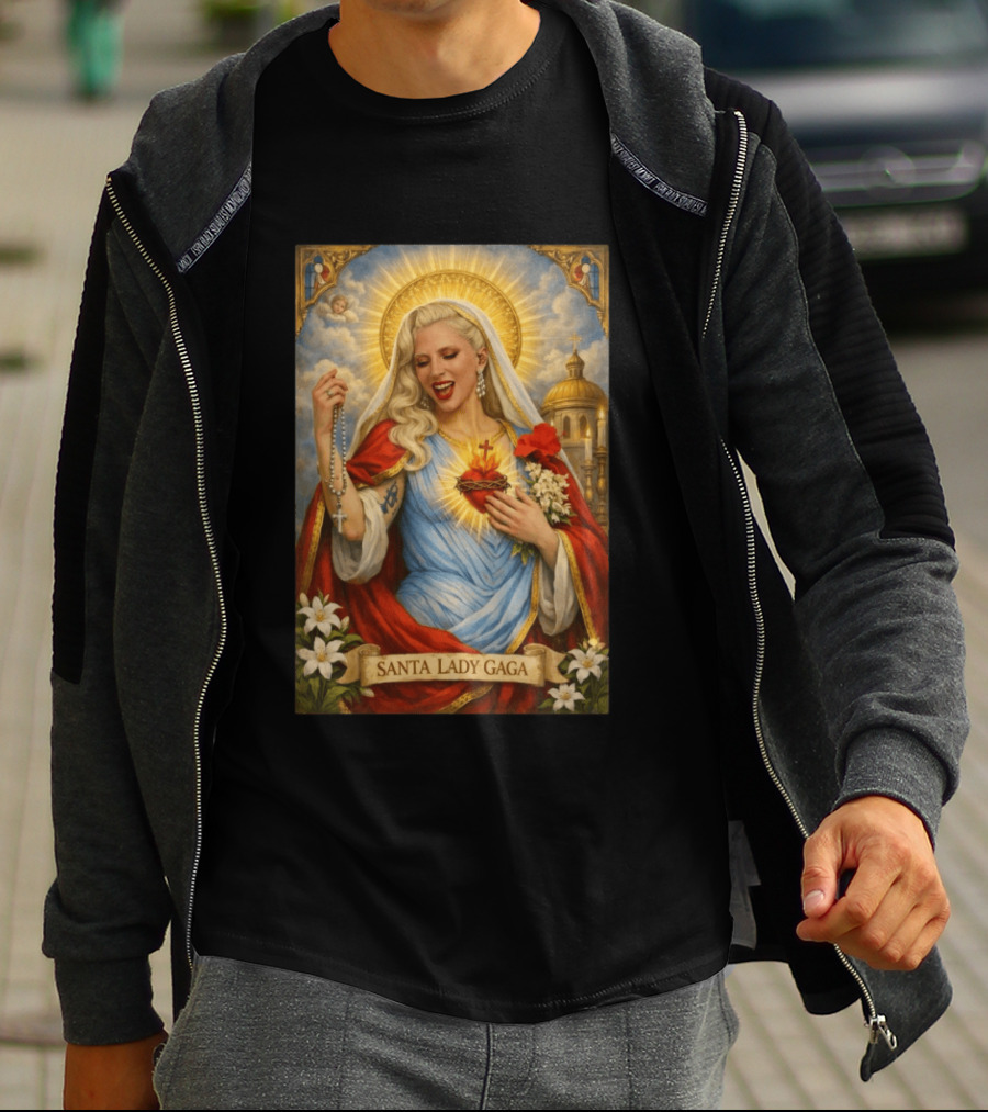 Santa Lady Gaga Sacred Heart Imagery With Rosary And Golden Halo T-Shirt