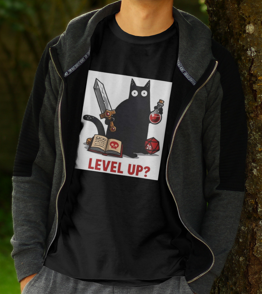 Black Cat Level Up Sword Potion D20 Dice Book Dungeons And Dragons T-Shirt