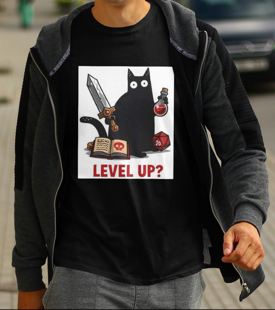 Black Cat Level Up Sword Potion D20 Dice Book Dungeons And Dragons T-Shirt