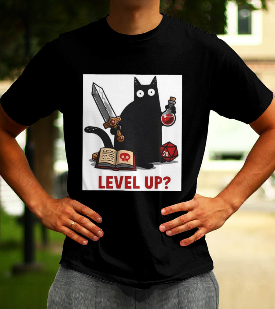 Black Cat Level Up Sword Potion D20 Dice Book Dungeons And Dragons T-Shirt