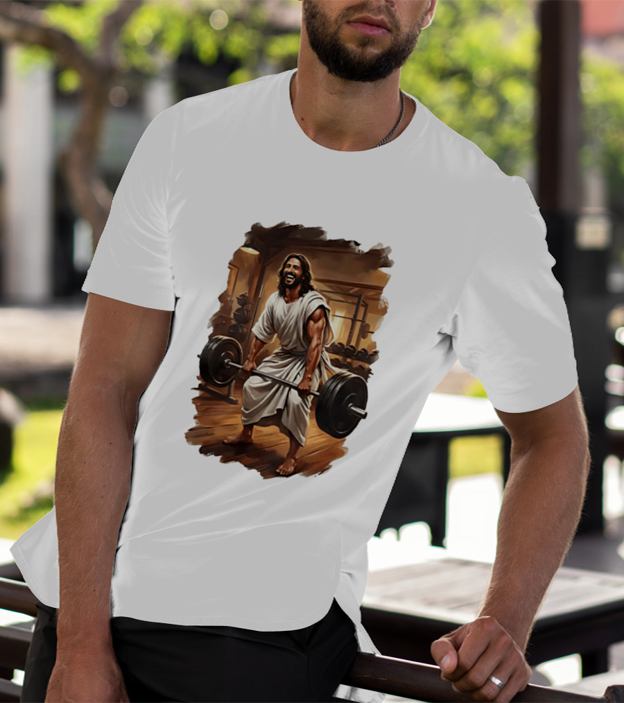 Jesus Lifting Weights In Gym Spiritual Fitness Motivation T-Shirt