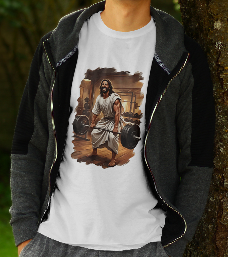 Jesus Lifting Weights In Gym Spiritual Fitness Motivation T-Shirt
