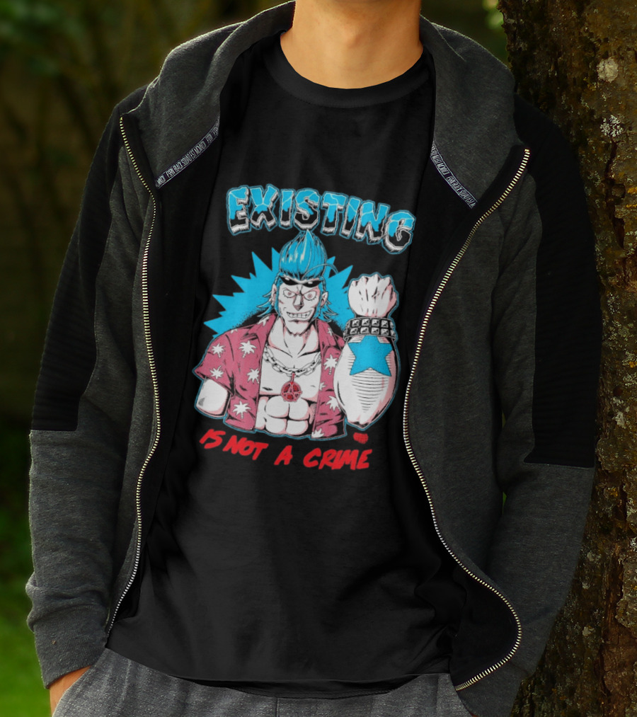 EXISTING IS NOT A CRIME Anime Punk Character Blue Hair Star Tattoo T-Shirt