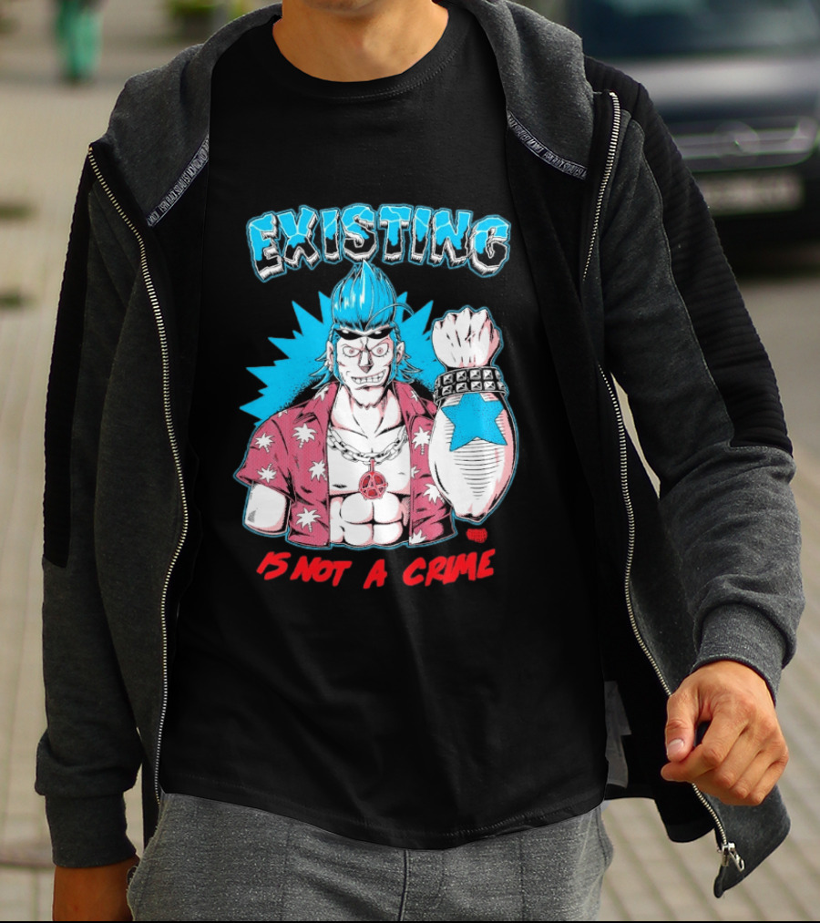 EXISTING IS NOT A CRIME Anime Punk Character Blue Hair Star Tattoo T-Shirt