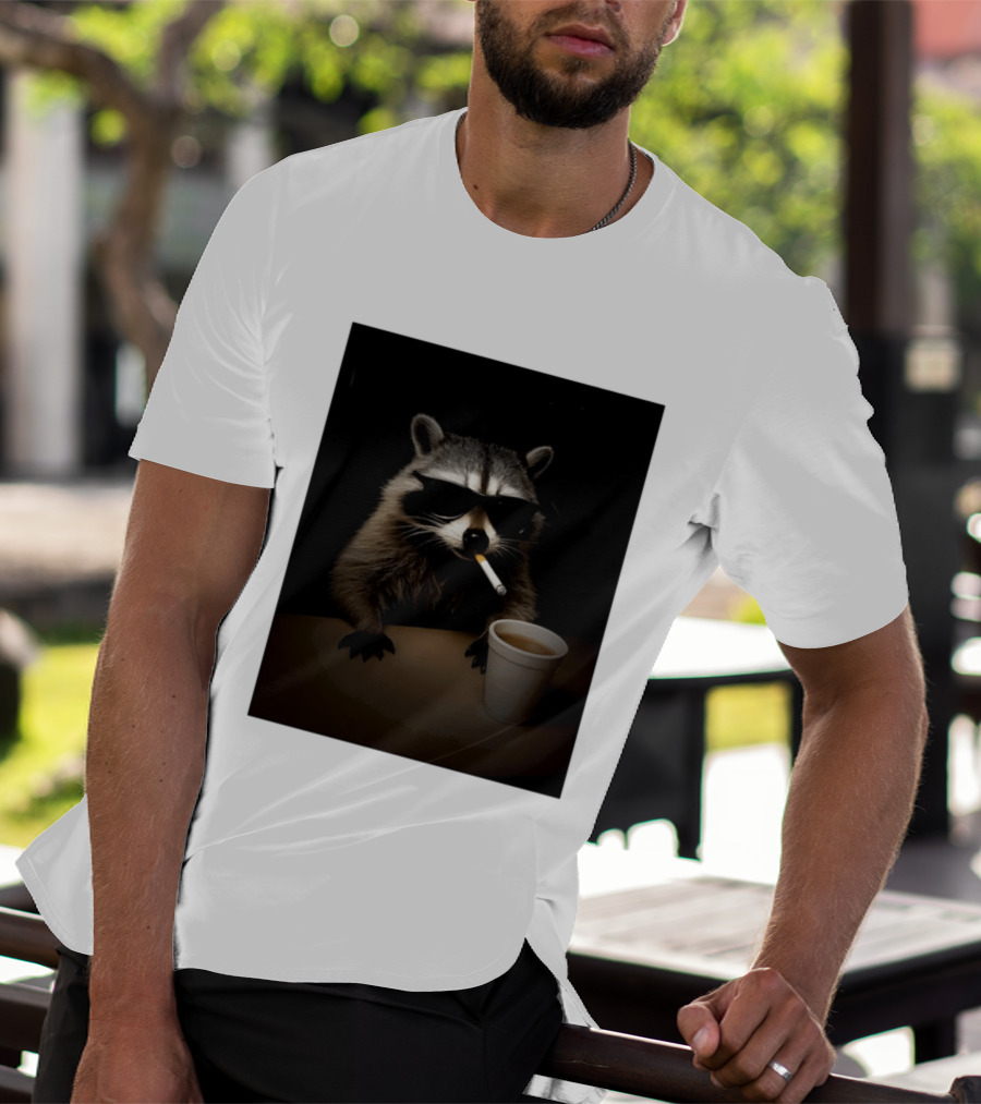 Raccoon Drinking Coffee Smoking Cigarette Wearing Sunglasses T-Shirt