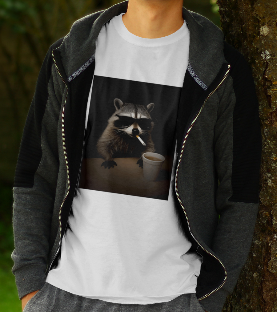 Raccoon Drinking Coffee Smoking Cigarette Wearing Sunglasses T-Shirt