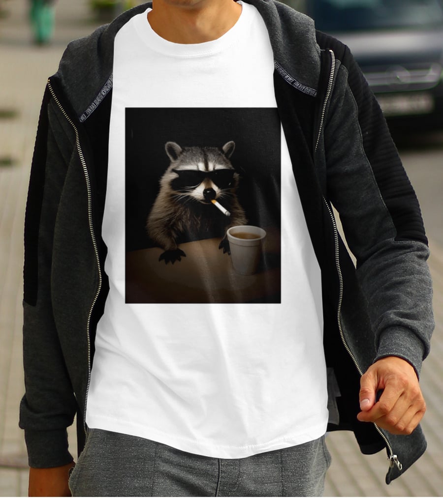Raccoon Drinking Coffee Smoking Cigarette Wearing Sunglasses T-Shirt