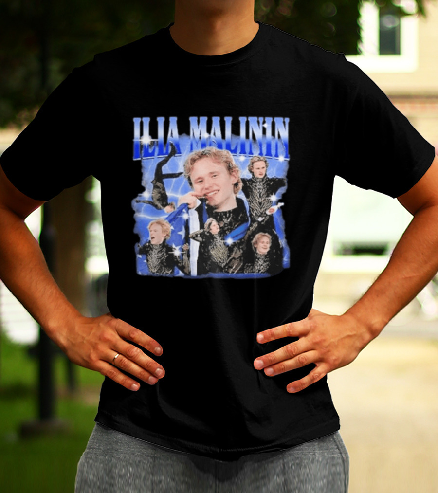 Ilia Malinin Figure Skating Star Blue Sparkle Montage T-Shirt