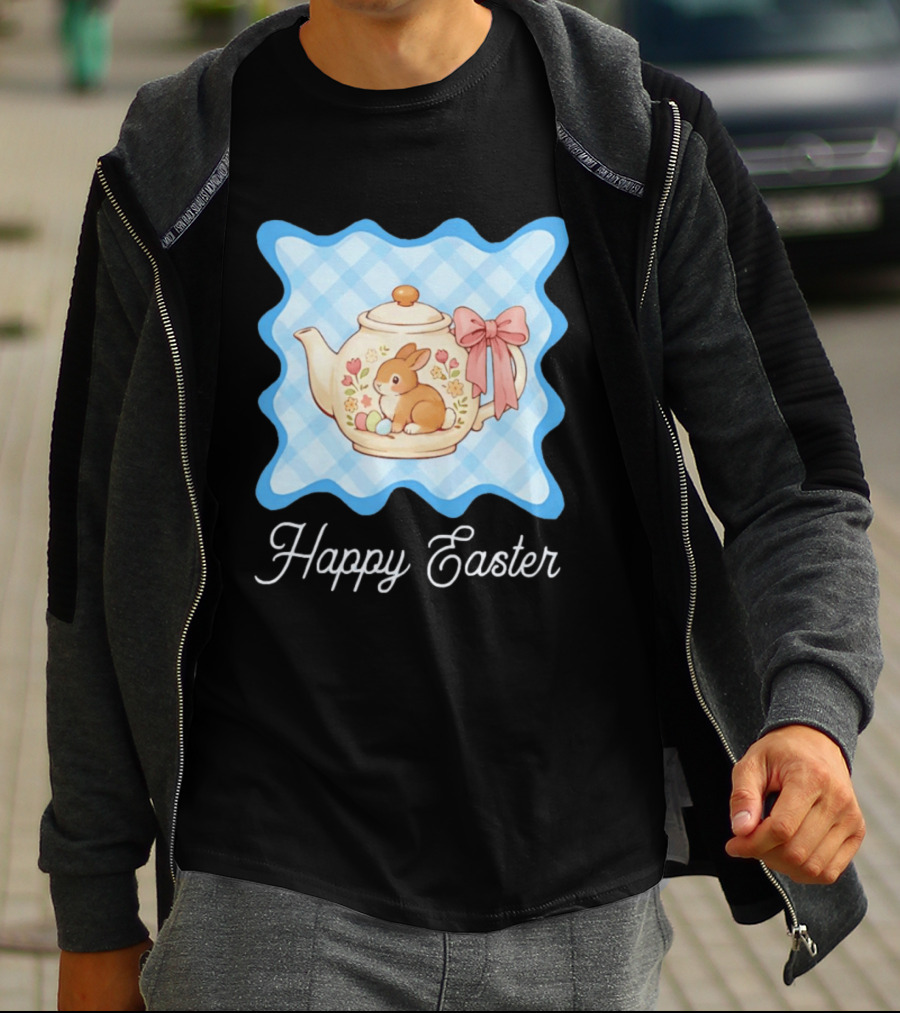 Happy Easter Bunny Teapot With Floral Blue Gingham And Pink Bow T-Shirt