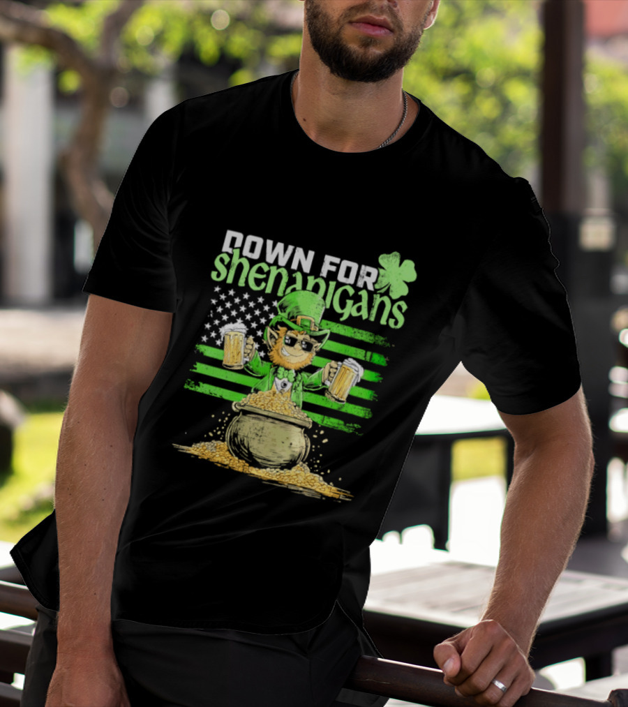 Down For Shenanigans Leprechaun With Beers And Clover American Flag T-Shirt