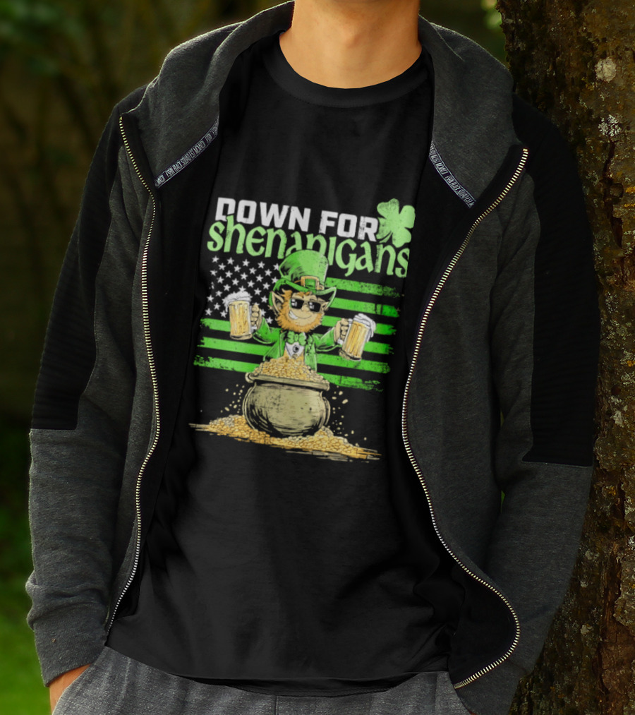 Down For Shenanigans Leprechaun With Beers And Clover American Flag T-Shirt