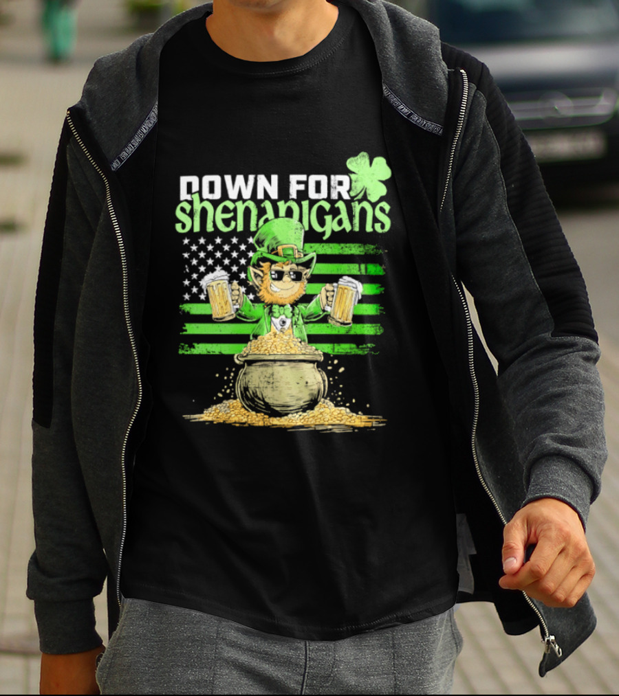 Down For Shenanigans Leprechaun With Beers And Clover American Flag T-Shirt