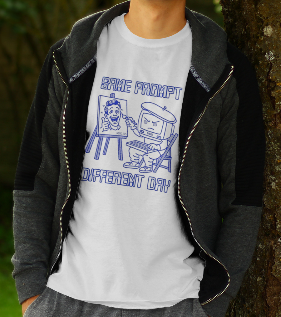 Same Prompt Different Day AI Painter Cartoon With Easel And T-Shirt