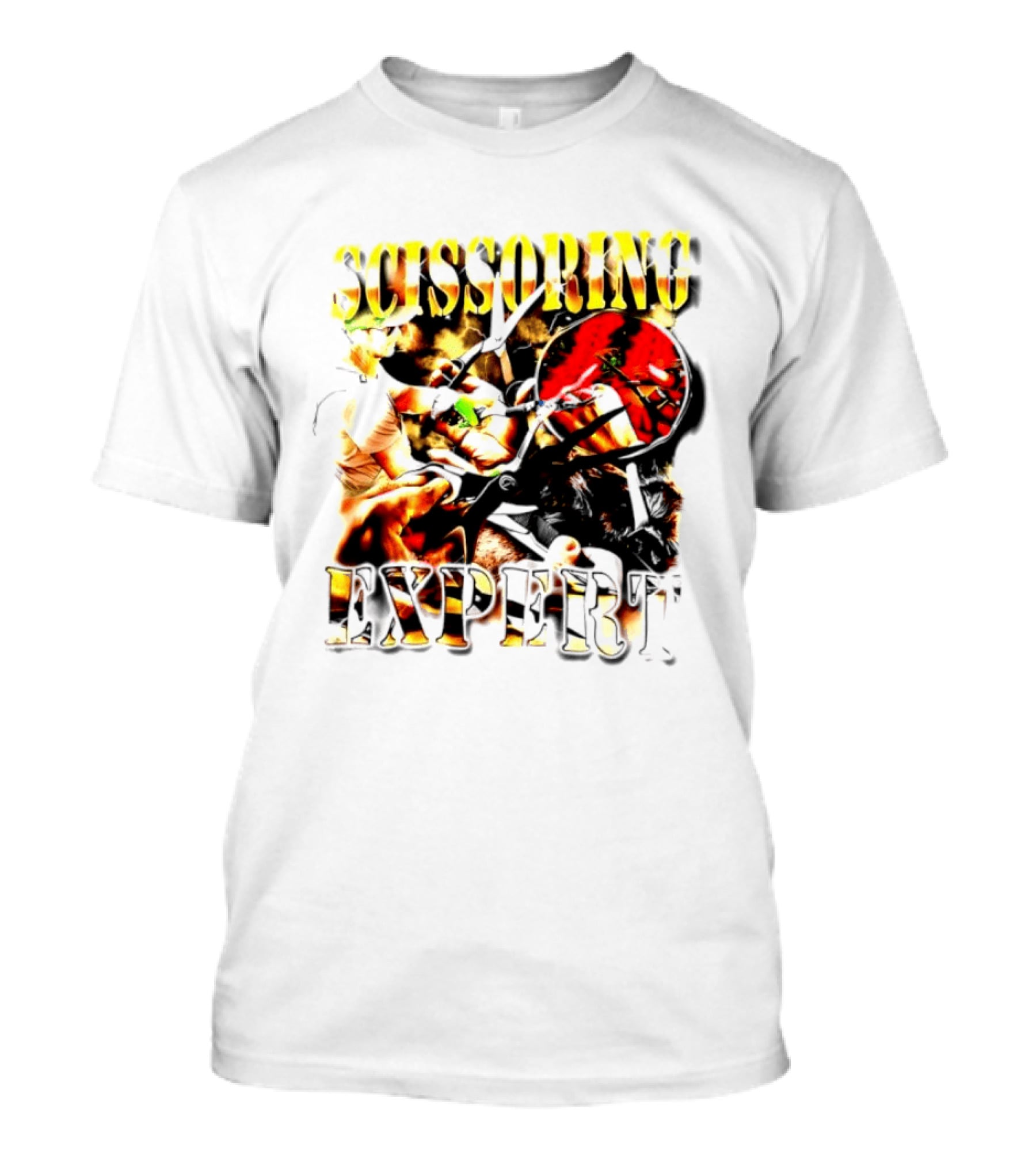 Scissoring Expert Vibrant Scissors Holding T-Shirt