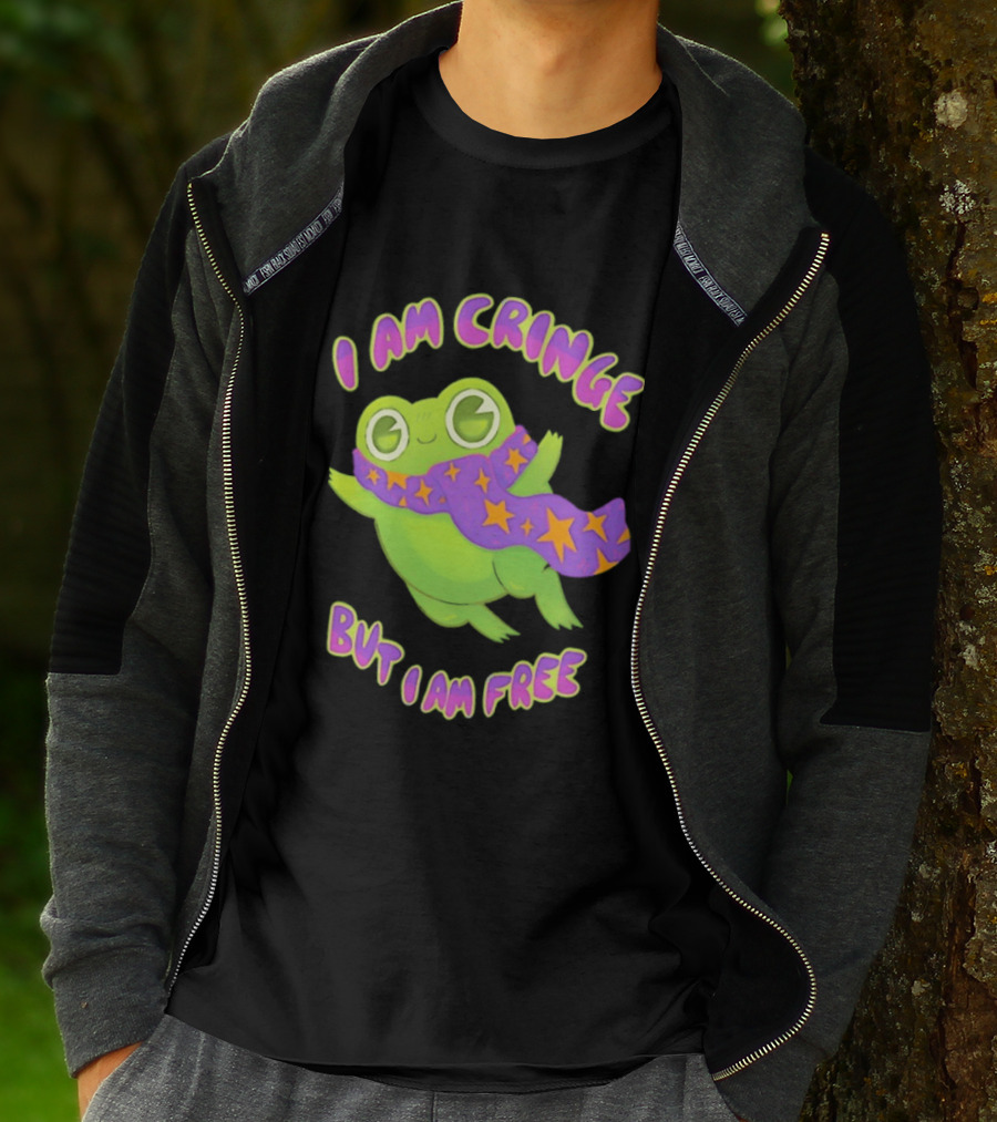 I Am Cringe But I Am Free Frog With Purple Starry Scarf T-Shirt