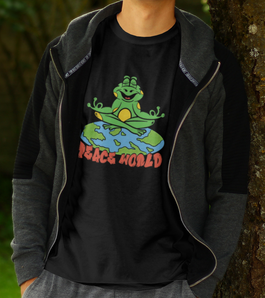 Meditating Frog Sitting On Planet Earth Peace World T-Shirt