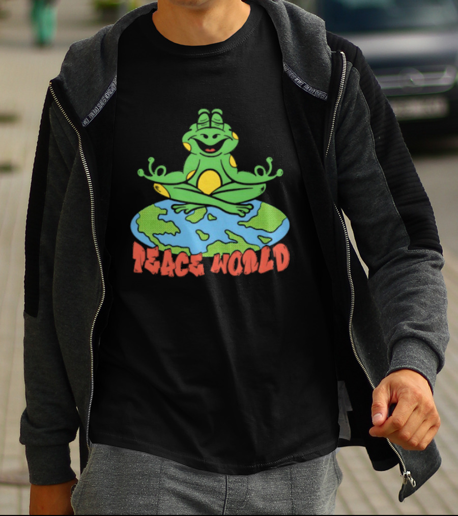 Meditating Frog Sitting On Planet Earth Peace World T-Shirt
