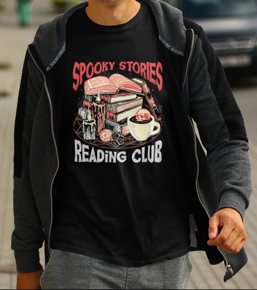 Spooky Stories Reading Club Books Candles Skulls And Cup T-Shirt