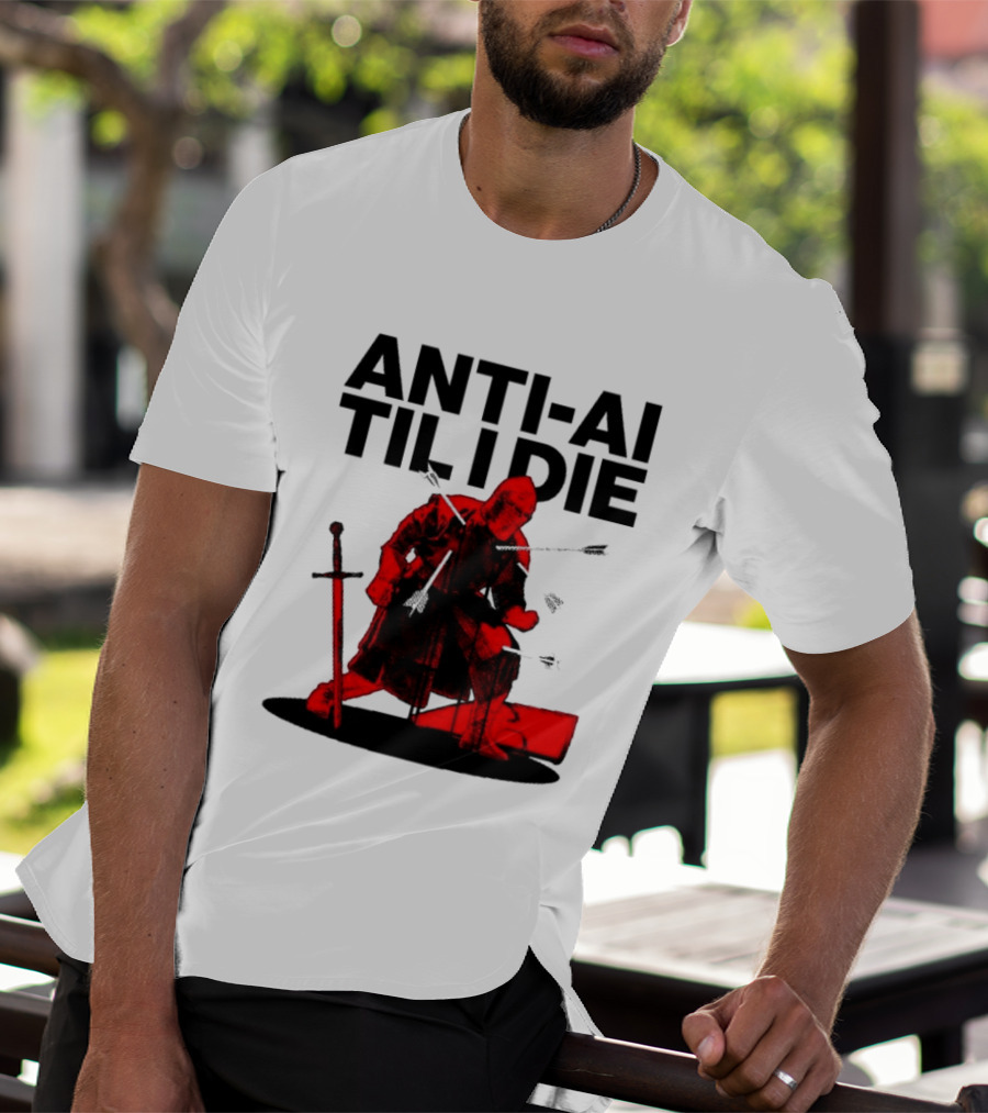ANTI AI TIL I DIE Medieval Warrior Kneeling With Sword And Arrows T-Shirt